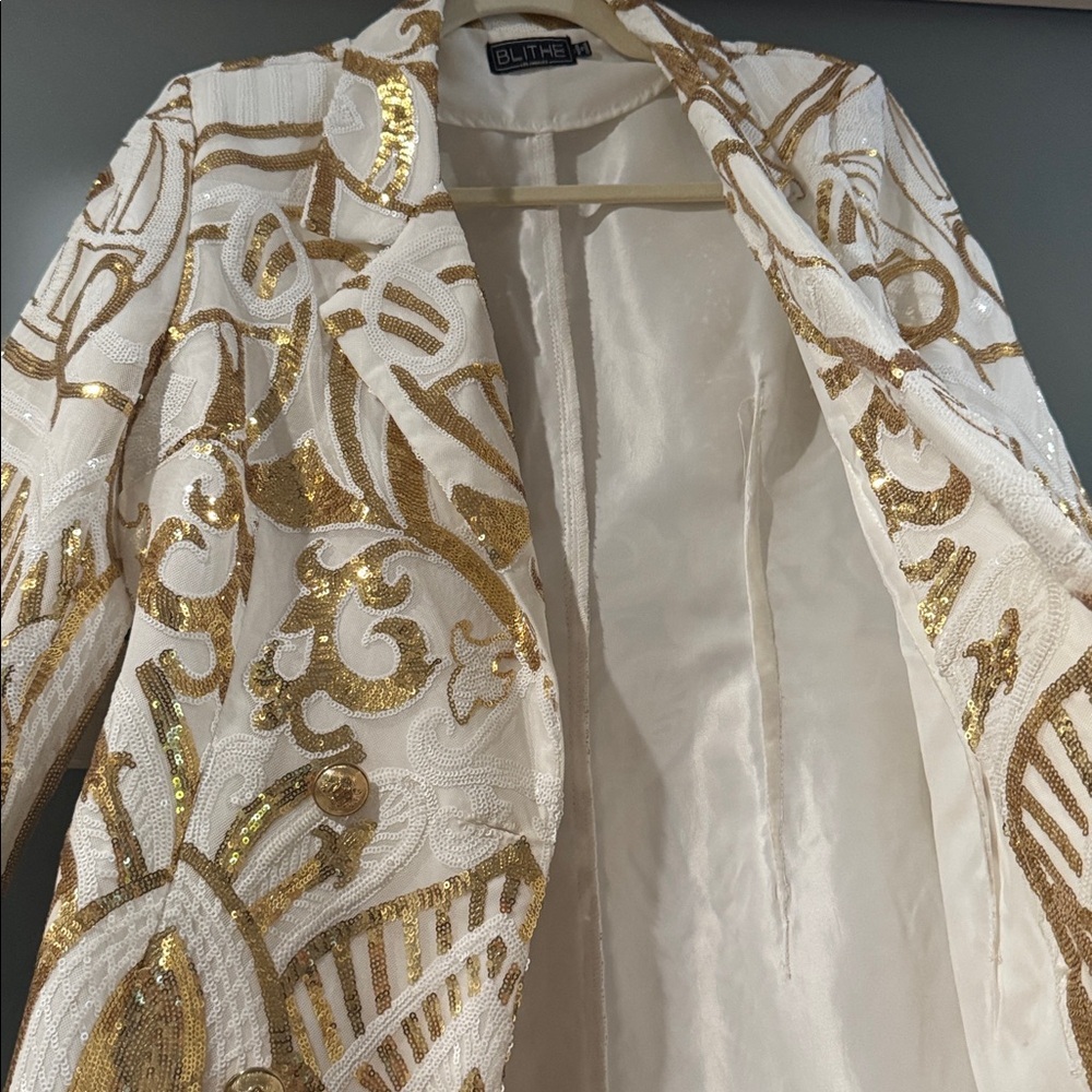 BLITHE White & Gold Sequin Embellished Art Deco Blazer Coat/Jacket size M - Picture 4 of 8